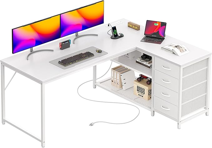 PRAISUN 53" L Shaped Desk with Power Outlets and USB-C Port, Reversible by PRAISUN