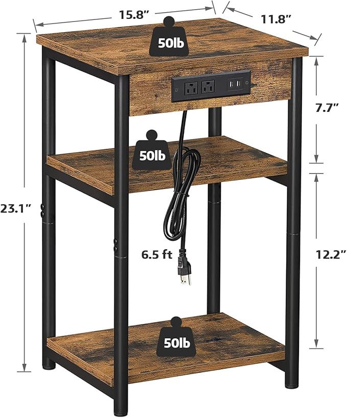 TUTOTAK End Table with Charging Station, Nightstand, 3-Tier Couch Side Table - Image 3