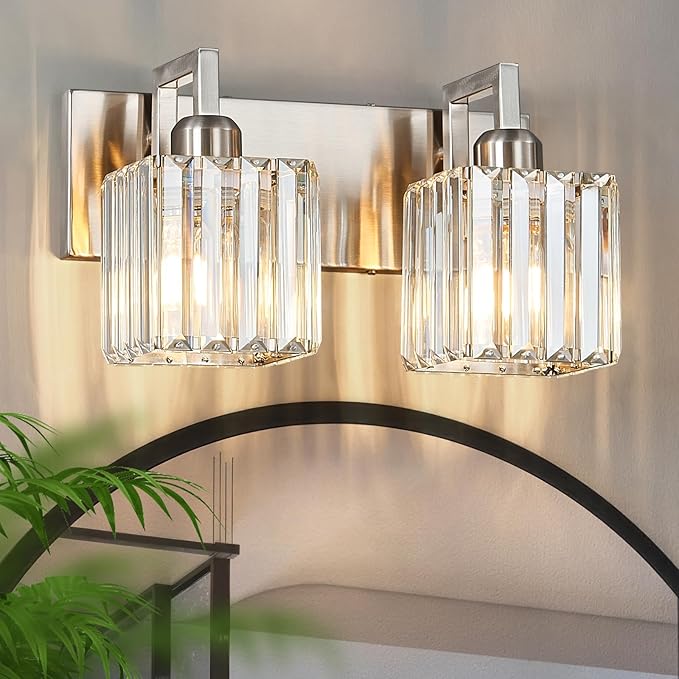 Modern Bathroom Vanity Light 2-Lights Brushed Nickel Vanity Light Crystal Wall - Image 2
