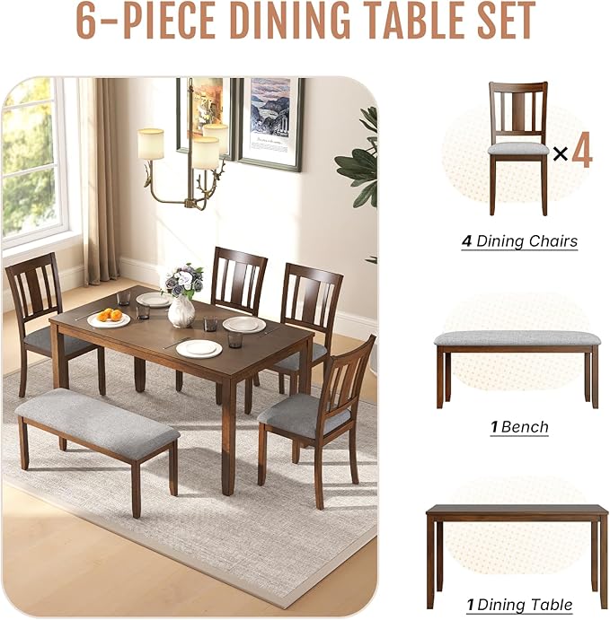 6-Piece Wooden Dining Set, Dining Table & Chair Set - Image 4