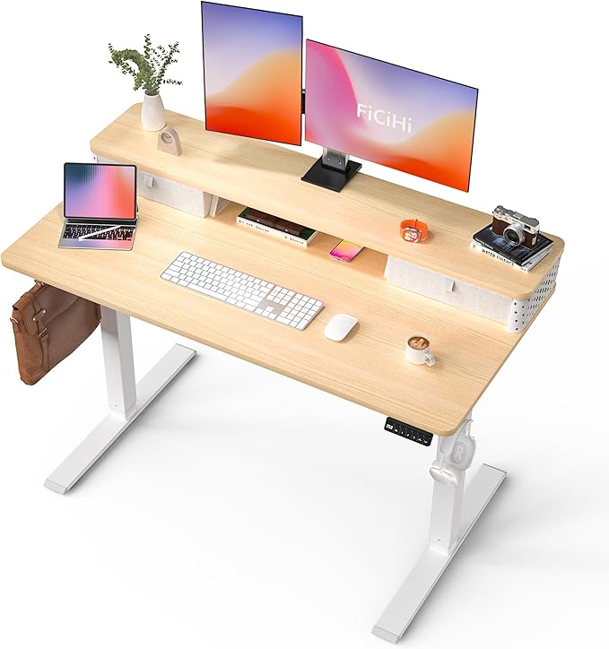 48x24 Inch Standing Desk with Double Drawers, C-Clamp Mount Compatible by FiCiHi