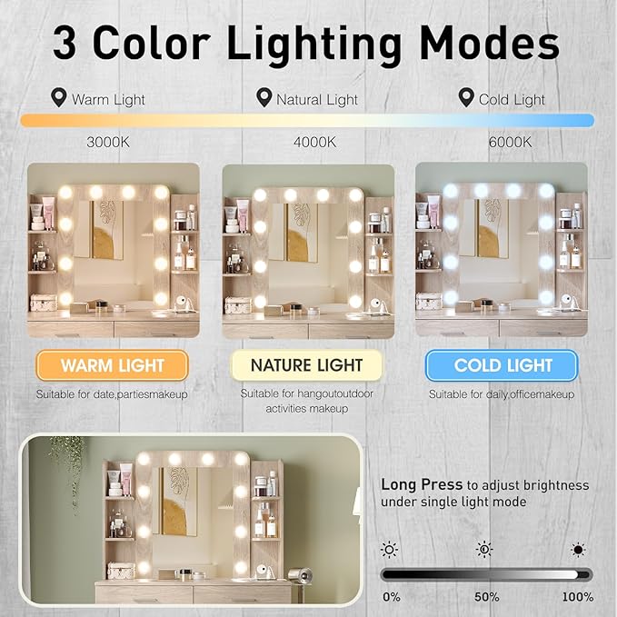 Vabches Vanity Desk with Mirror and Lights, Makeup Vanity Table with Charging - Image 4