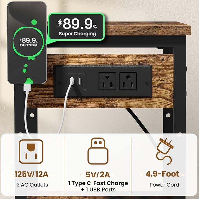Tall End Table with Fast Charging Station, 3 Tier Narrow Side Table with - Image 4