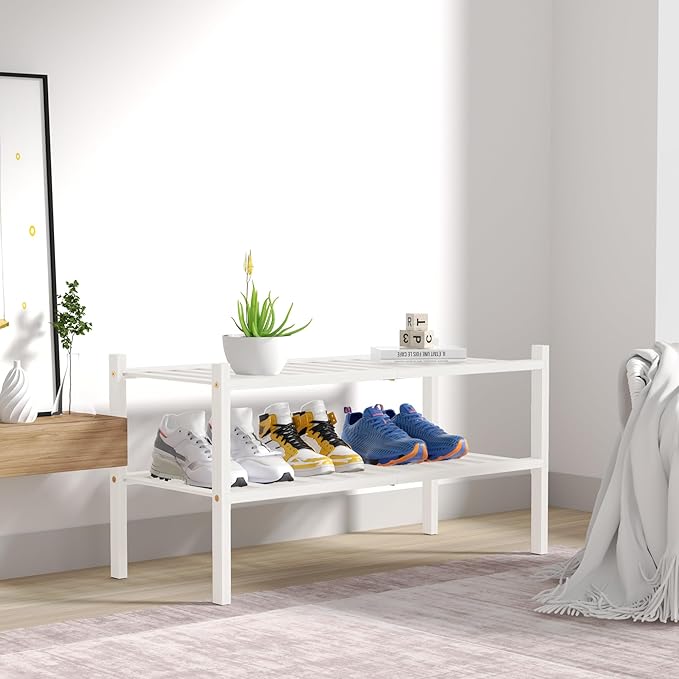 2 Tier Bamboo Shoe Rack for Closet Free Standing Wood Shoe Shelf for Entryway - Image 7