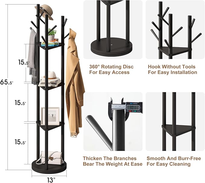 FILWH Bamboo Coat Rack Rotary Freestanding - Image 7