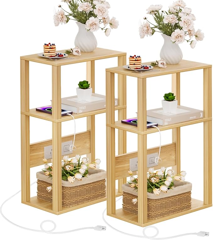 3 Tier Small Narrow Bamboo Side Table Set of 2 by YUFAM