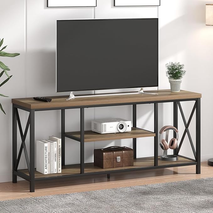 FOLUBAN TV Stand for TV up to 65 inch, Rustic Wood and Metal Entertainment by FOLUBAN