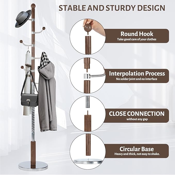 Coat Rack Freestanding, Metal Wooden Coat Tree - Image 4