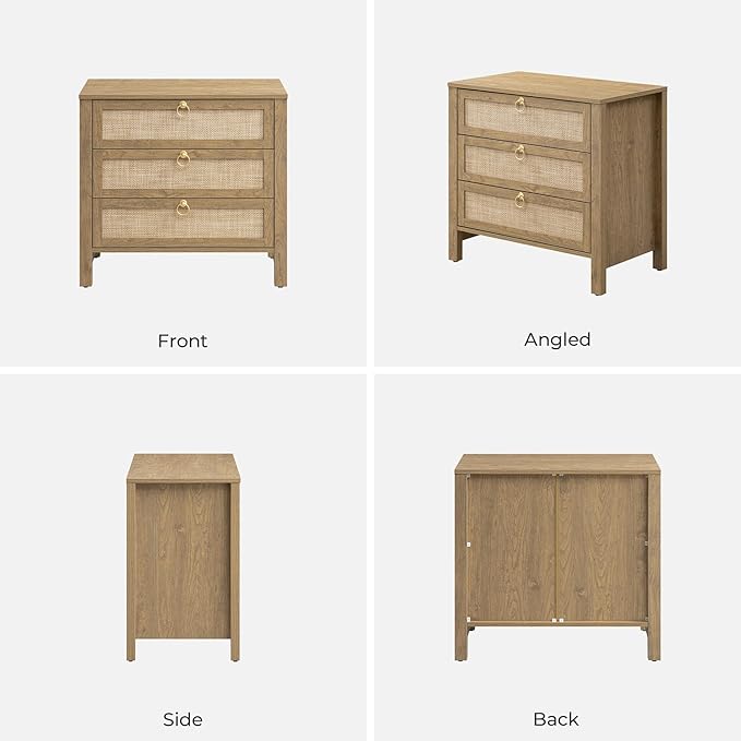 SICOTAS Night Stand with Drawers, Large Rattan Bedside Table with Golden Handle - Image 9