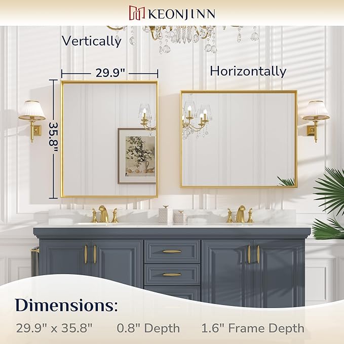 Keonjinn 30 x 36 Inch Brushed Gold Bathroom Mirror Metal Framed Rectangle Wall - Image 6