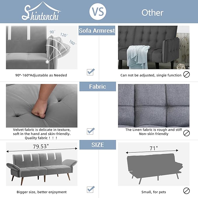 Shintenchi Sleeper Sofa Bed, Velvet Futon Folding Couch Bed - Image 4