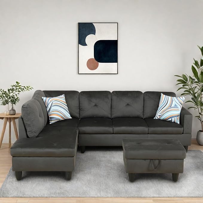L-Shaped Sectional Sofa with Ottoman, Right-Facing Modern Microfiber Couch - Image 4