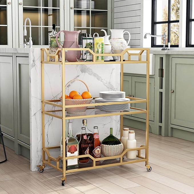 Square Gold Bar Carts with 3 Tier Storage Glass Shelves Holder Home Serving Bar - Image 5