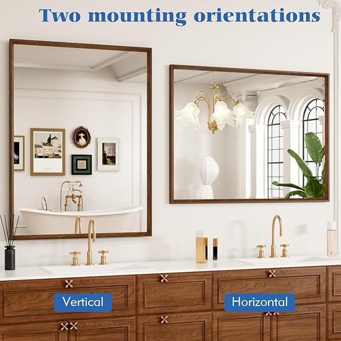 28x36 Inch Rectangle Walnut Bathroom Mirror, Anti-Rust 4MM Tempered Glass - Image 8