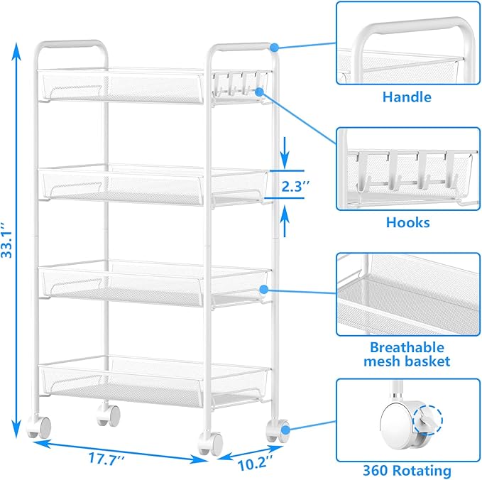 OVICAR 4 Tier Mesh Wire Rolling Cart, Kitchen Storage Organizer Utility Cart - Image 6