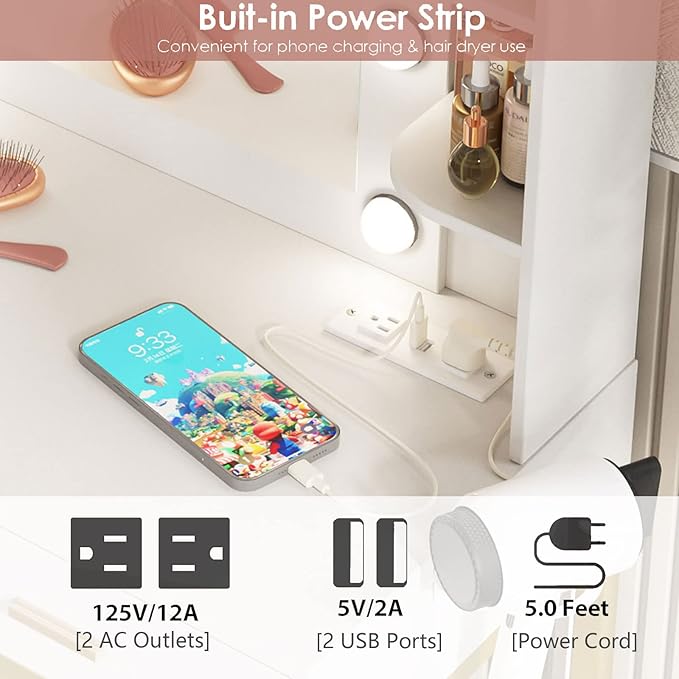 Vabches Vanity Desk with Mirror and Lights, with Charging Station, Makeup - Image 3