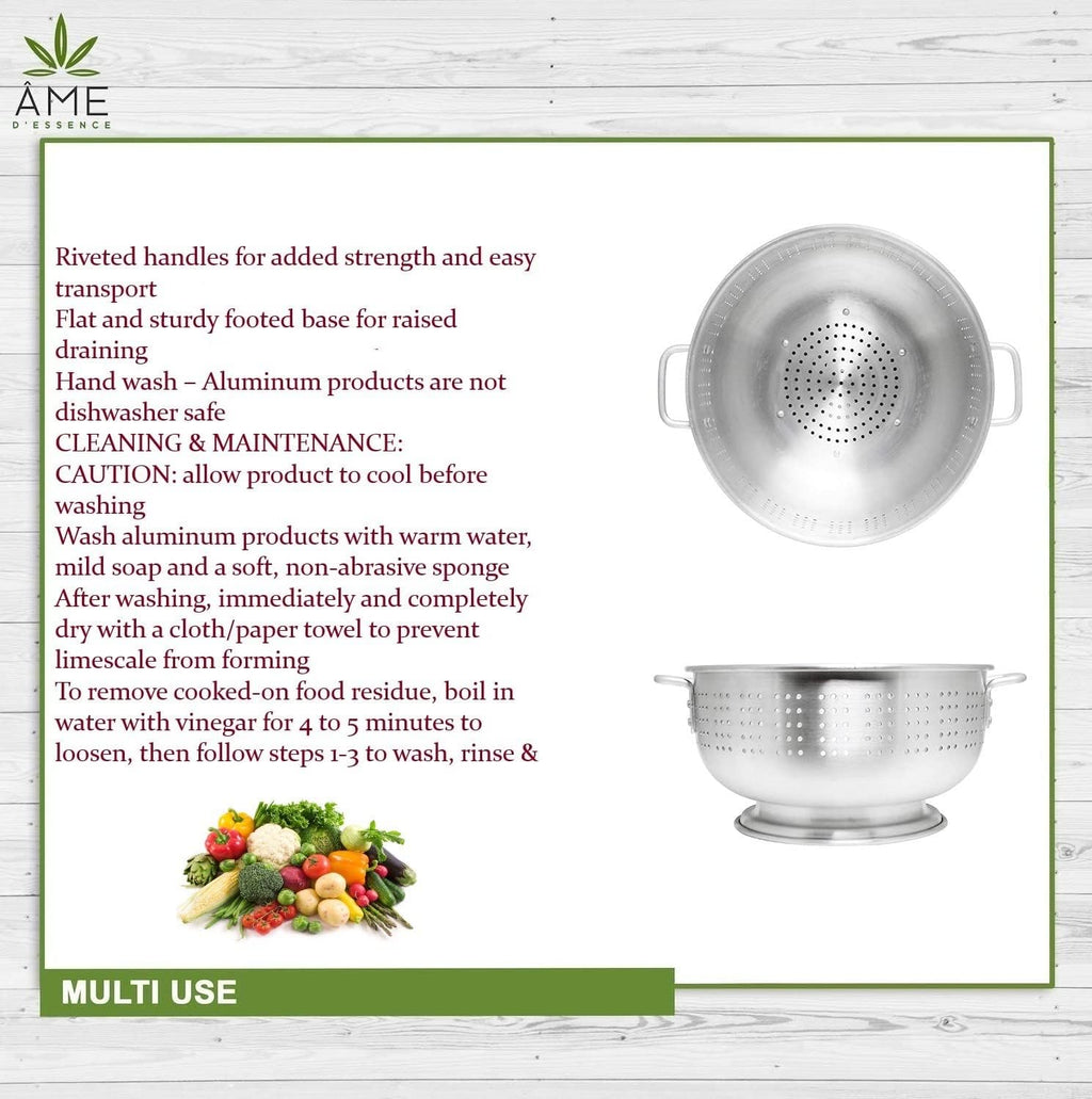 (8-QT) Aluminum Colander with Handles and Base Heavy Duty Commercial Grade