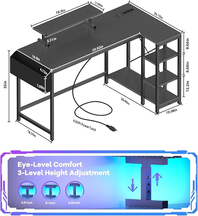 40 inch Gaming Desk with USB Power Outlet and LED Light- Reversible L Shaped - Image 3