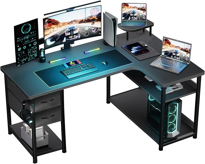 GTRACING Gaming Desk with Drawers, Carbon Fiber Style L Shaped Computer Desk by GtracingDirect