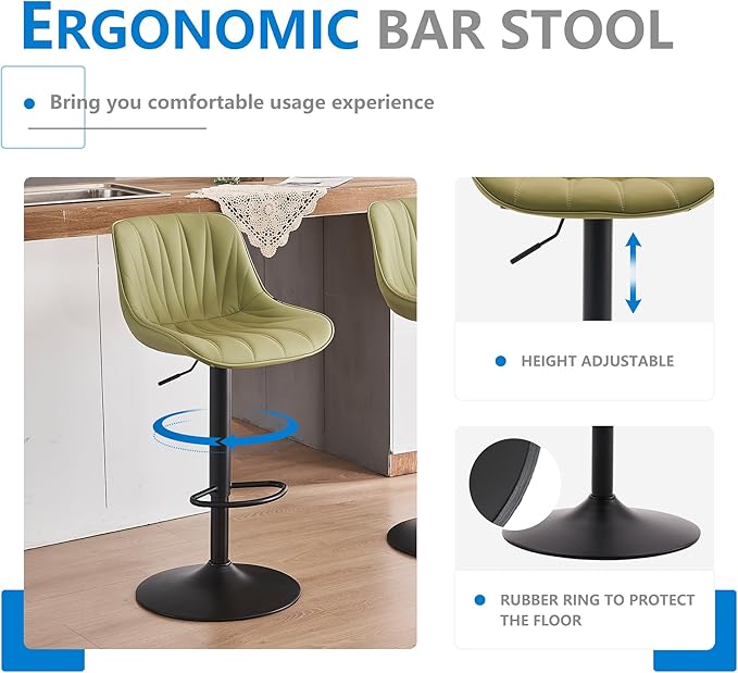 YOUNIKE Bar Stools Set of 2 for Kitchen Island, Grass Green Faux Leather Padded - Image 6