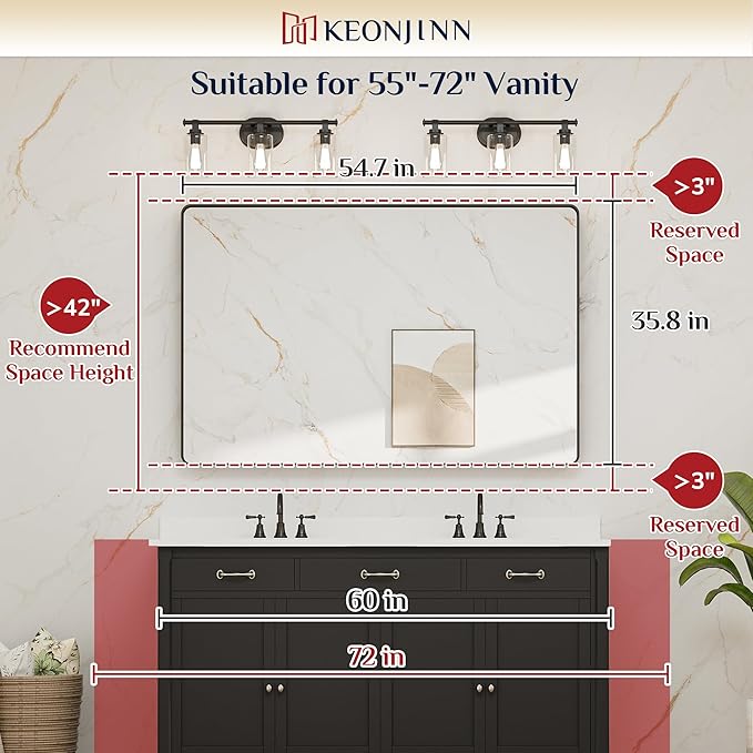 Keonjinn Black Mirror for Bathroom Sink 55 x 36 Inch Large Rounded Rectangle - Image 7