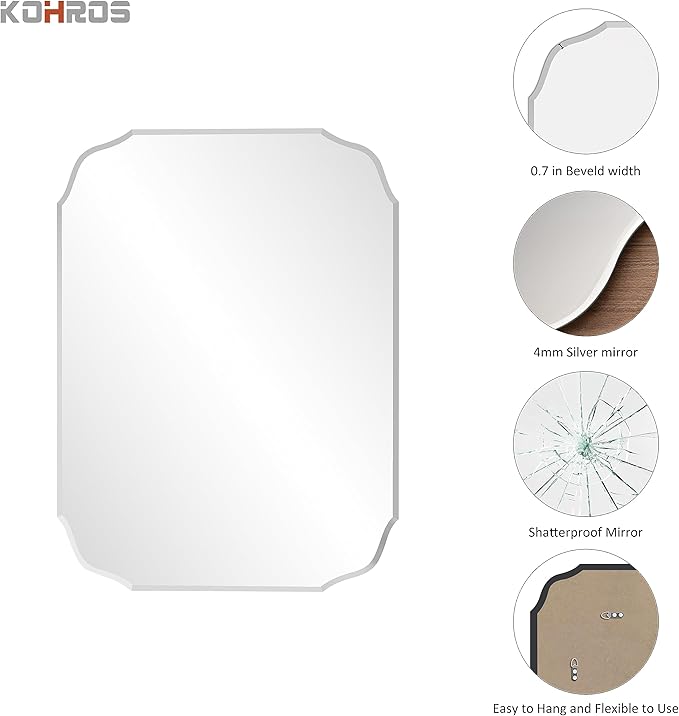 KOHROS Frameless Scalloped Beveled Edges Mirror 20" x 28" Bathroom Mirrors - Image 3