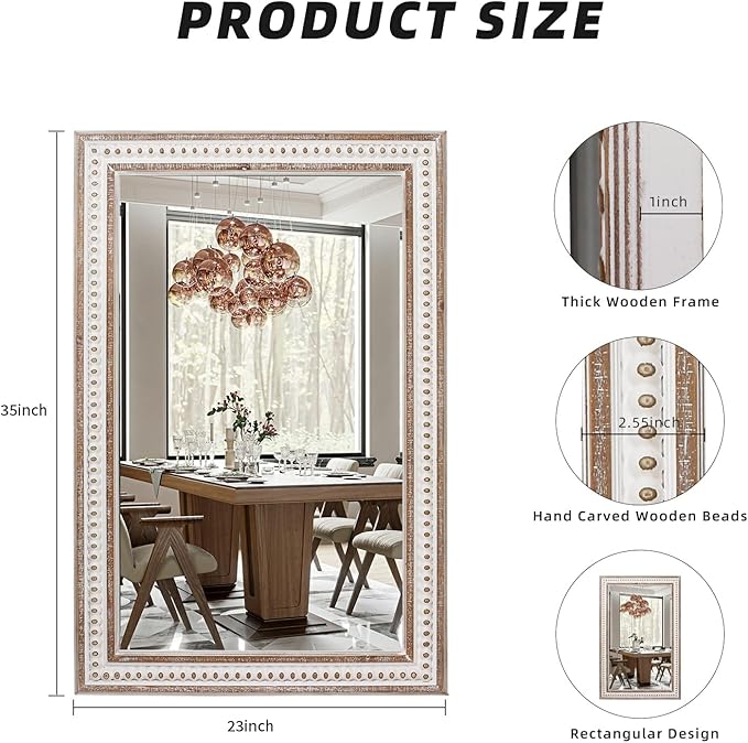 35x23'' Boho Wooden Rectangle Wall Mirror, Rustic Farmhouse Rectangular Mirrors - Image 7