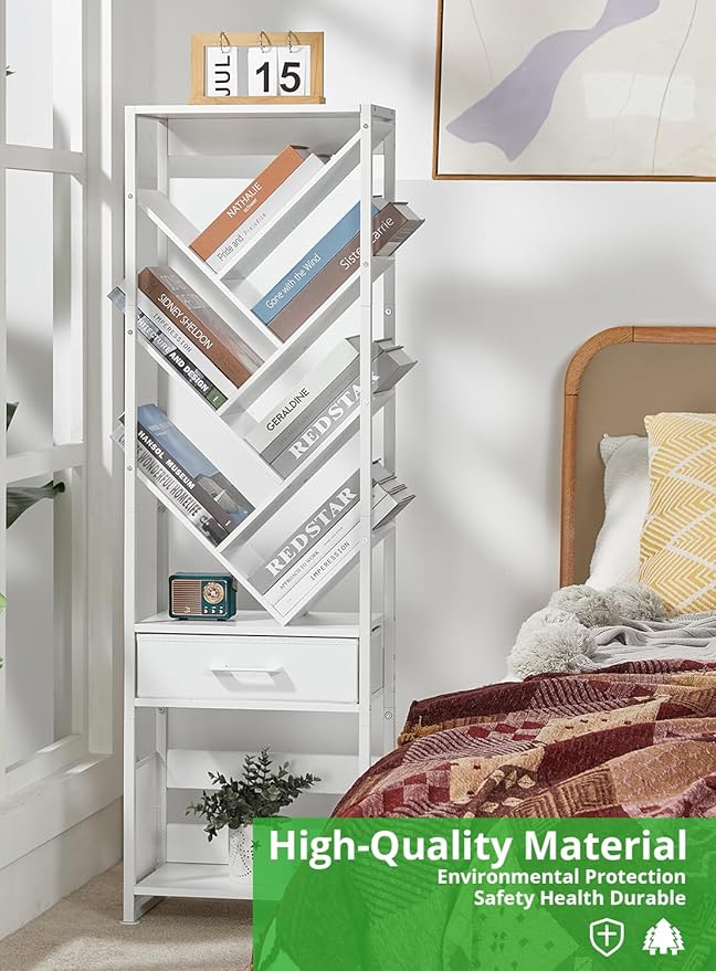 Bookshelf with Drawer, 10 Tier Tree Bookcase Retro Floor Standing Bookshelves - Image 7