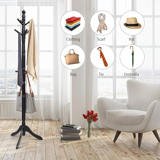 Tangkula Wood Coat Rack Freestanding, Entryway Height Adjustable Coat Stand - Image 8