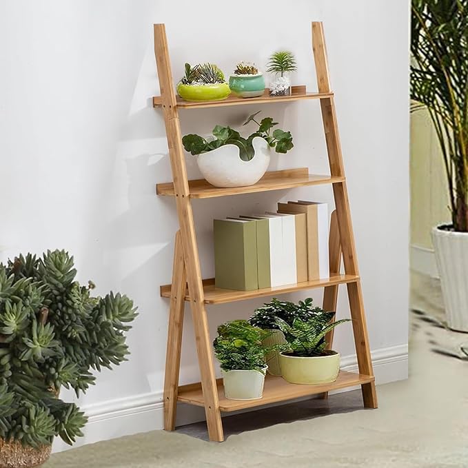 Maydear Bamboo Ladder Shelf Bookcase, 4-Tier Leaning Bookshelf Free Standing - Image 4