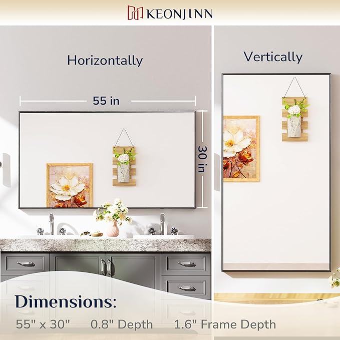 Keonjinn Black Framed Bathoom Mirror 55 x 30 Inch Large Rectangle Vanity Wall - Image 7