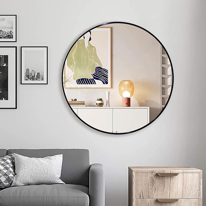 30 inch Round Black Mirror, Brushed Black Metal Framed Circle Wall Mirror - Image 7