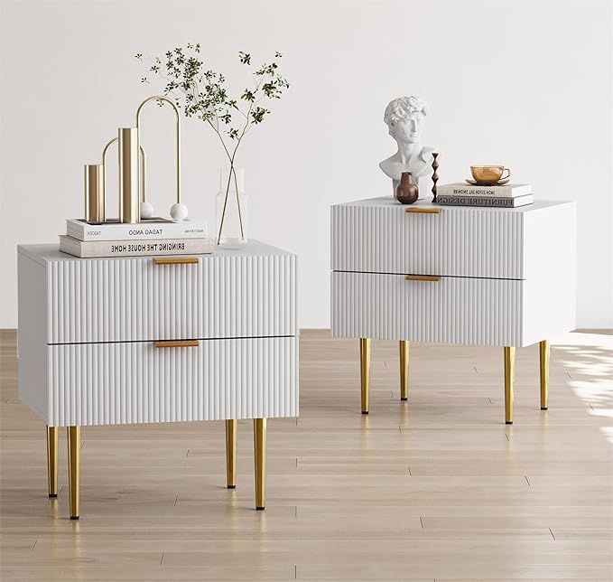 White Nightstand for Bedroom, Fluted Night Stand Set of 2, Mid Century Modern by Algherohein