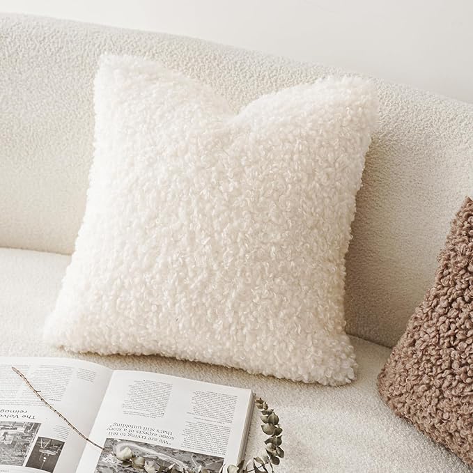 Foindtower 2 Pieces 22x22 Inch White, Faux Fur Throw Pillow Cover Accent Sherpa - Image 4