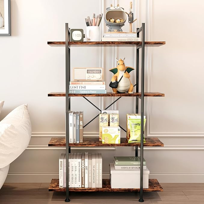 4 Tiers Bookshelf Rustic Brown Wooden Storage Shelf, Industrial Shelf Book by EternalHome
