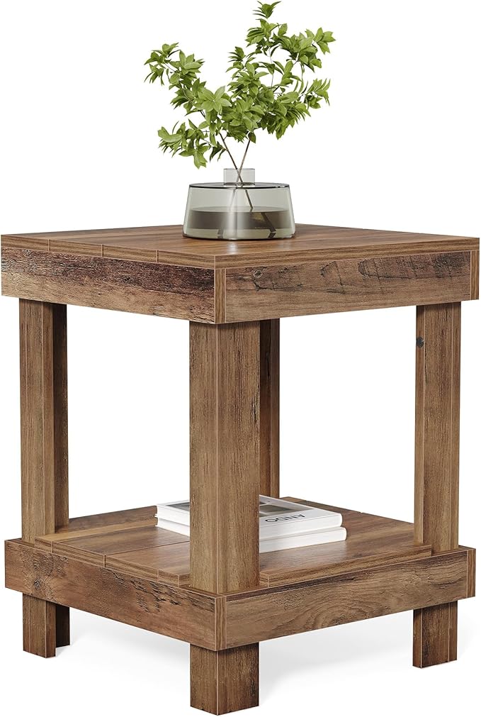LITTLE TREE 2-Tier End Table, All Wooden Square Side Table by LITTLETREE
