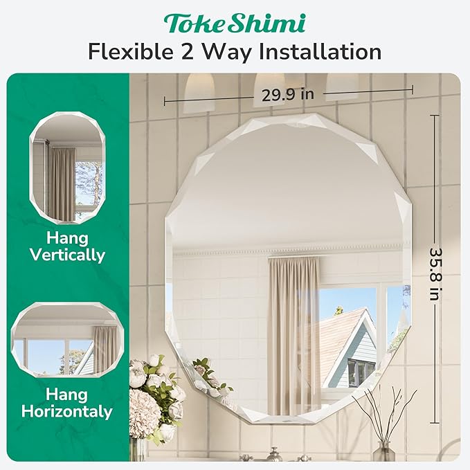 TokeShimi 30x36 Beveled Bathroom Mirror Frameless Stylish, Irregular Wall - Image 2