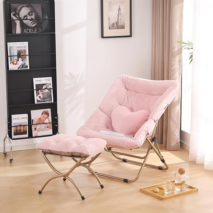 Comfy Saucer Chair with Ottoman, Oversized Folding Faux Fur Chair Soft Furry - Image 7