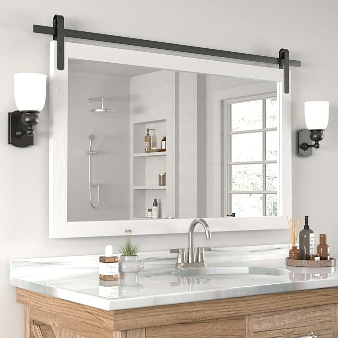PAIHOME Large White Bathroom Mirror, Farmhouse Horizontal Rustic Square Mirror by PAIHOME