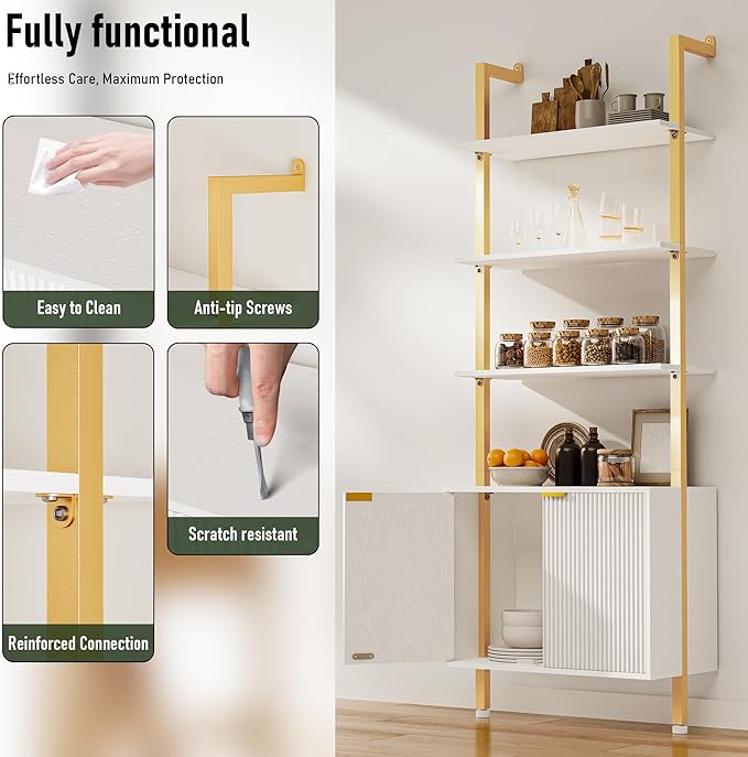 74" Tall Bookshelf with Storage Cabinet, Modern Ladder Shelf with Wood and - Image 4