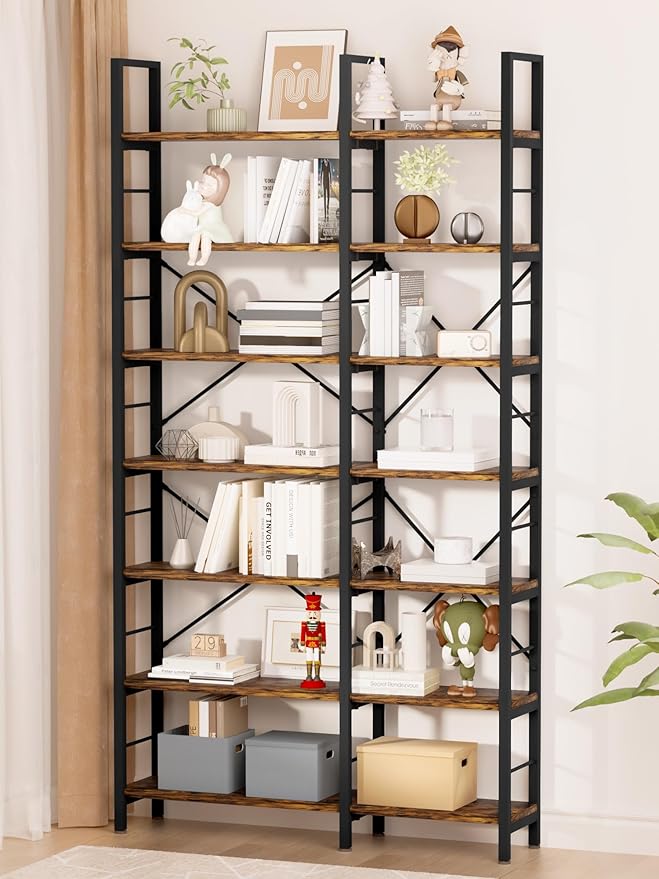 7-Tier Corner Bookshelf, Reversible Wooden Shelves, Industrial Bookcase - Image 3
