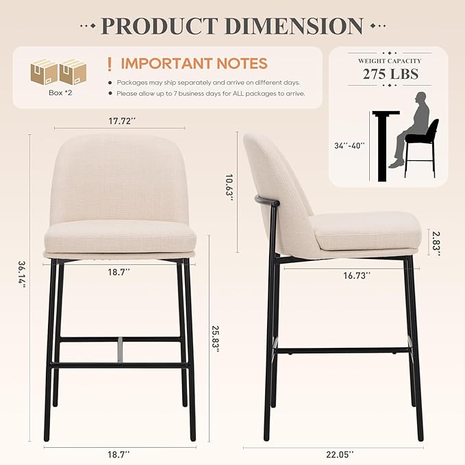 COLAMY Counter Height Bar Stools Set of 4, 25 Inch Modern Fabric Kitchen Island - Image 2