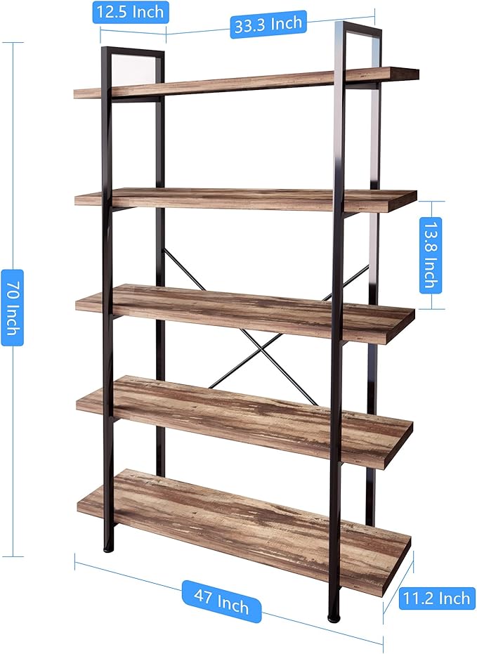 45MinST 5-Tier Vintage Industrial Style Bookcase/Metal and Wood Bookshelf - Image 2