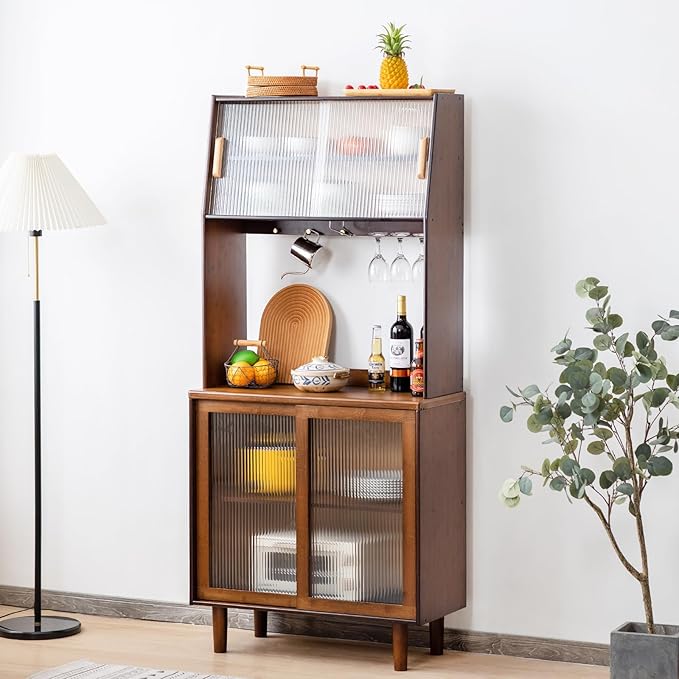 Tiita Kitchen Hutch with Countertop, 69” Rattan Solid Wood Pantry Cabinet with by TiitaHome