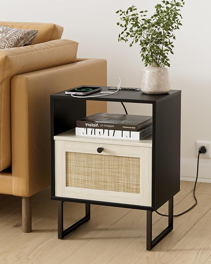 Rattan Nightstand with Charging Station, Boho Night Stand Farmhouse Wood by Unknown