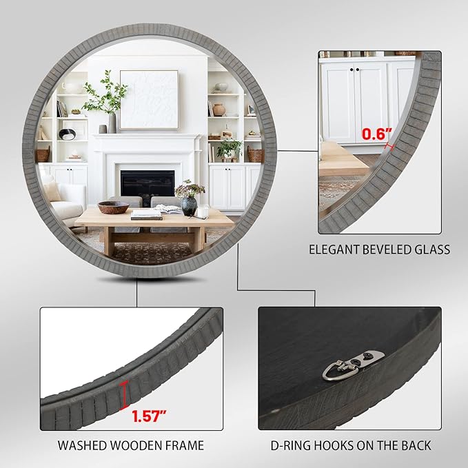 35" Round Wood Mirror, Rustic Circle Wall Mirror - Image 5