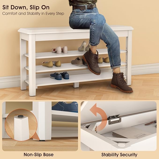 Shoe Rack Bench Seat Rubberwood 3-Tier Wooden Storage Bench 550lbs Compact - Image 7