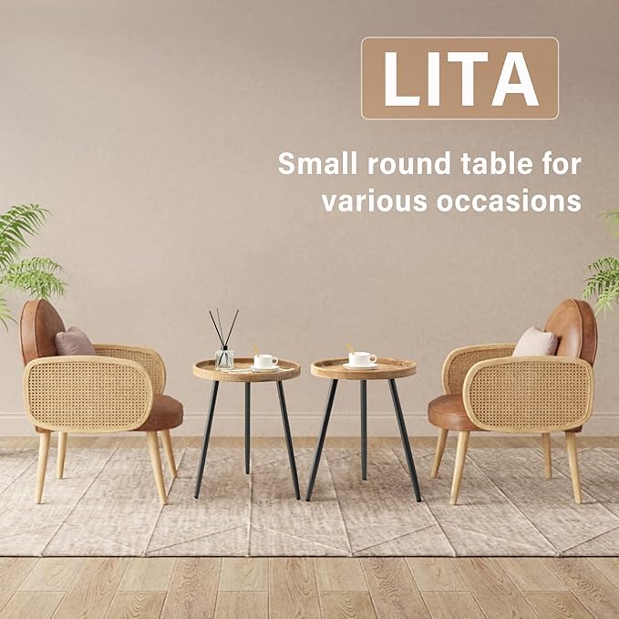 LITA 2 Pcs Round Side End Table, Nightstand Tables, Log Desktop, Wooden Tray - Image 8