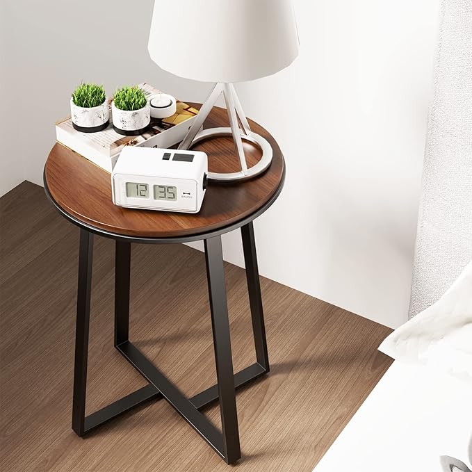 Round End Tables, Small Side Table Walnut Color MDF Top, Metal Frame Black - Image 4