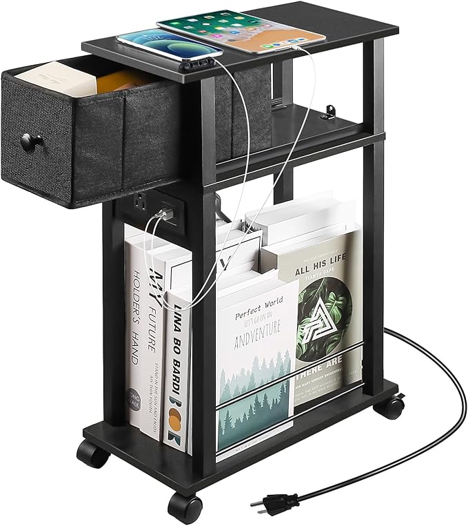 Side Table with Charging Station and Drawer, Narrow End Table with USB Ports by DGSANDGPuttheCustomerFirst